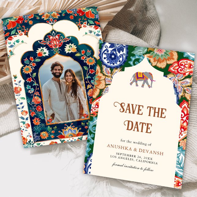 Vibrant Indian Folk Art Elephant Cream Wedding Save The Date (Creator Uploaded)