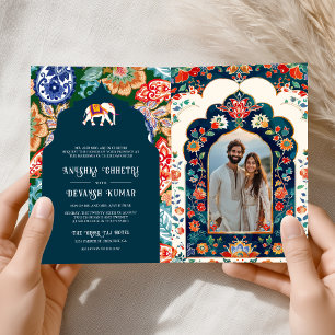 Vibrant Indian Folk Art Elephant Dark Blue Wedding Invitation
