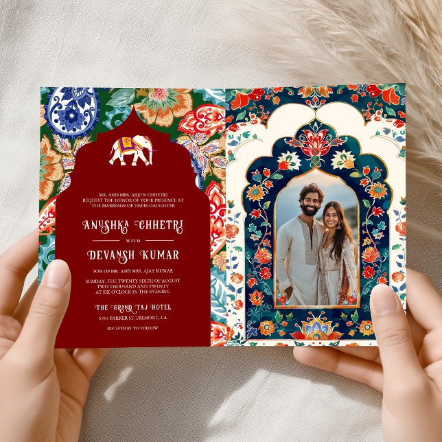 Vibrant Indian Folk Art Elephant Dark Red Wedding Invitation (Creator Uploaded)