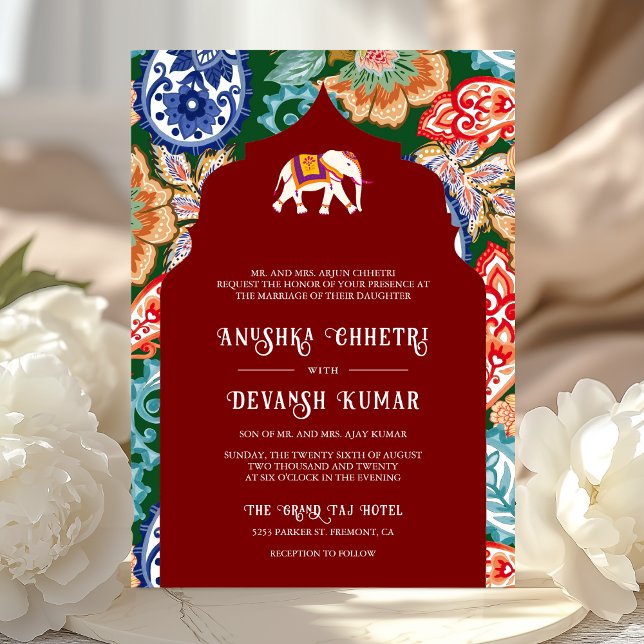 Vibrant Indian Folk Art Elephant Dark Red Wedding Invitation (Creator Uploaded)