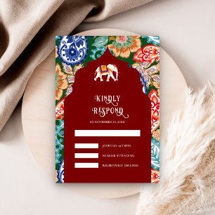 Vibrant Indian Folk Art Elephant Dark Red Wedding RSVP Card