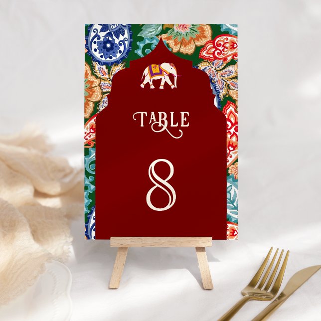Vibrant Indian Folk Art Elephant Dark Red Wedding Table Number (Creator Uploaded)