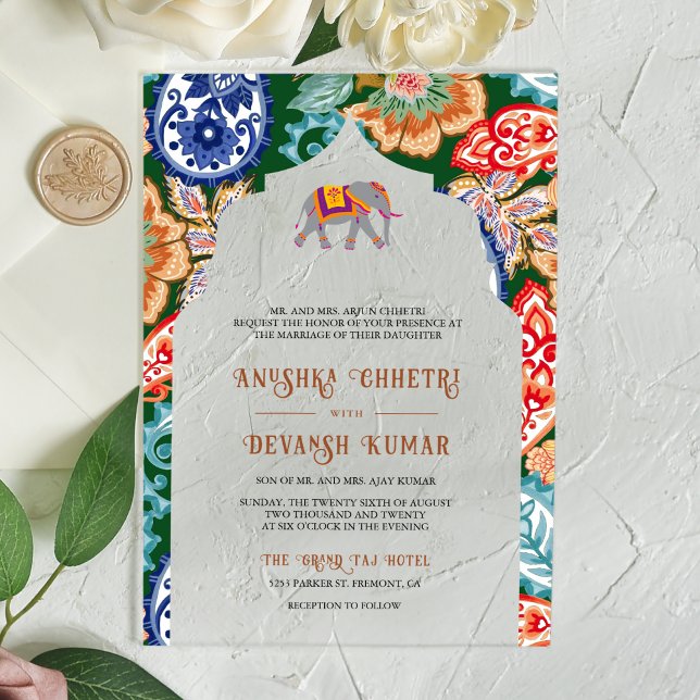 Vibrant Indian Folk Art Elephant Wedding Acrylic Invitations (Creator Uploaded)