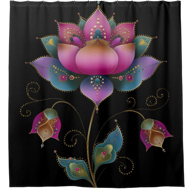 Vibrant Indian Mehndi Lotus Flower Pink Blue Gold  Shower Curtain (Front)
