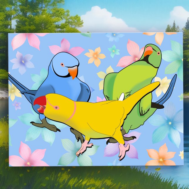 Vibrant Indian Ringneck Parakeet Playful Pet Birds Postcard (Vibrant Indian Ringneck Parakeet Postcard - Playful Pop Art Birds in Green, Blue & Yellow )