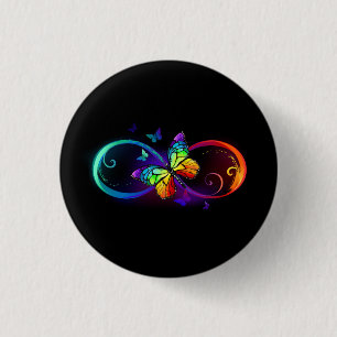 Vibrant infinity with rainbow butterfly on black 3 cm round badge