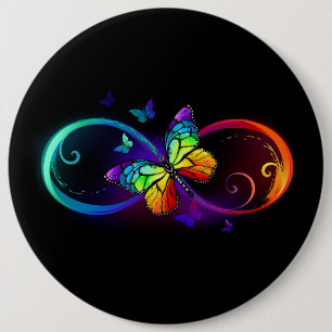 Vibrant infinity with rainbow butterfly on black 6 cm round badge