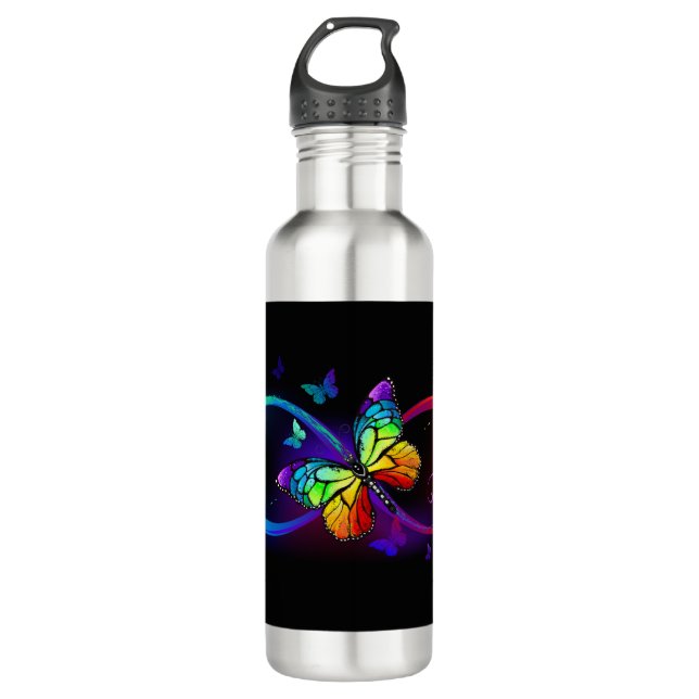 Vibrant infinity with rainbow butterfly on black 710 ml water bottle (Front)