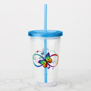 Vibrant infinity with rainbow butterfly on black acrylic tumbler