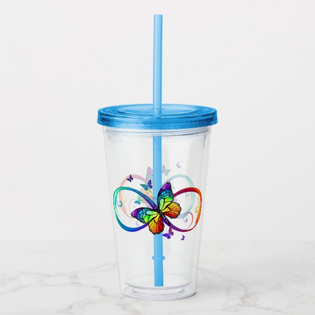 Vibrant infinity with rainbow butterfly on black acrylic tumbler (Front)