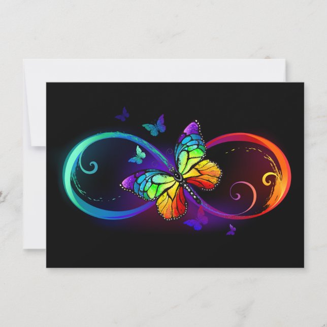 Vibrant infinity with rainbow butterfly on black announcement (Front)