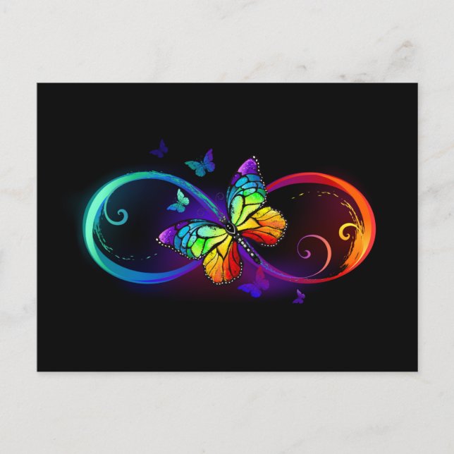 Vibrant infinity with rainbow butterfly on black announcement postcard (Front)