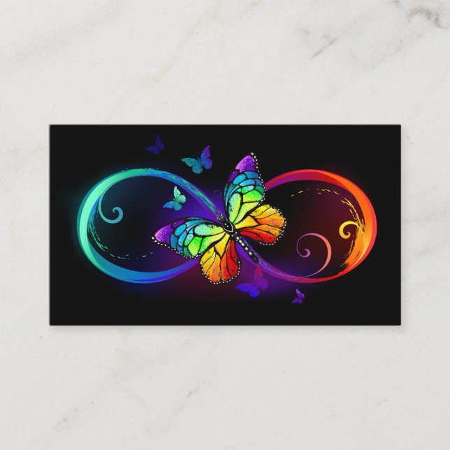 Vibrant infinity with rainbow butterfly on black appointment card (Front)