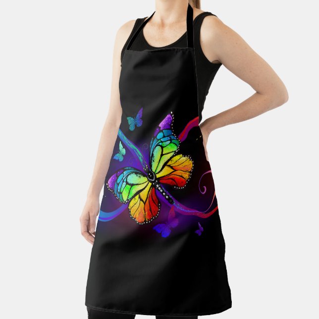 Vibrant infinity with rainbow butterfly on black  apron (Insitu)