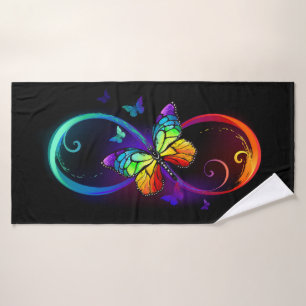 Vibrant infinity with rainbow butterfly on black bath towel
