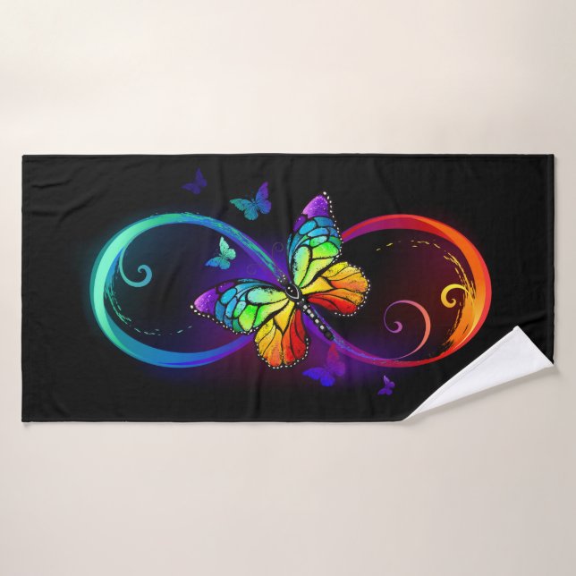 Vibrant infinity with rainbow butterfly on black bath towel (Bath Towel)