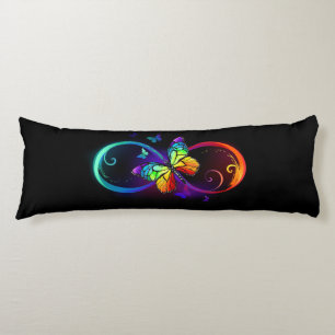 Vibrant infinity with rainbow butterfly on black body cushion