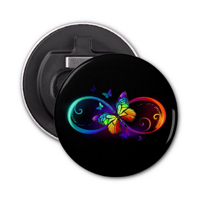 Vibrant infinity with rainbow butterfly on black bottle opener (Front)