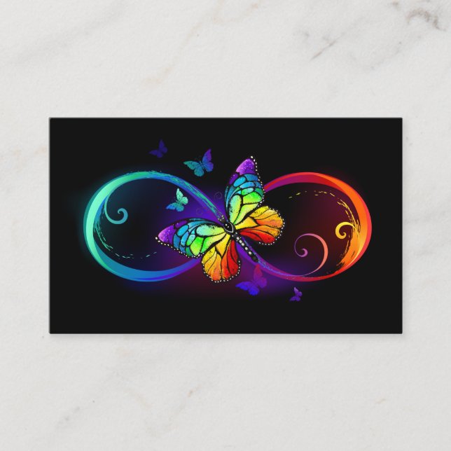 Vibrant infinity with rainbow butterfly on black business card (Front)