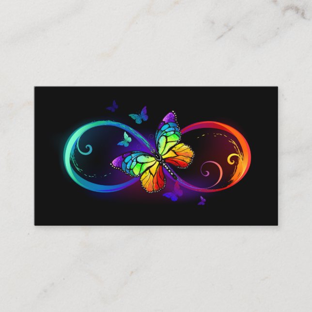 Vibrant infinity with rainbow butterfly on black business card (Front)