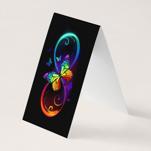 Vibrant infinity with rainbow butterfly on black business card (Back)