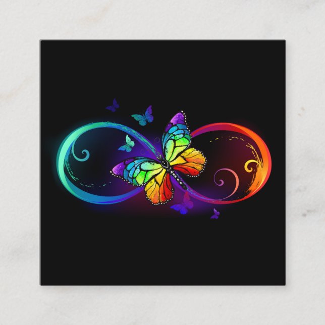 Vibrant infinity with rainbow butterfly on black calling card (Front)