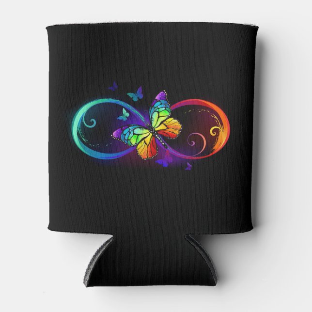 Vibrant infinity with rainbow butterfly on black can cooler (Front)