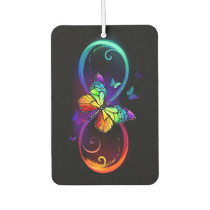 Vibrant infinity with rainbow butterfly on black  car air freshener