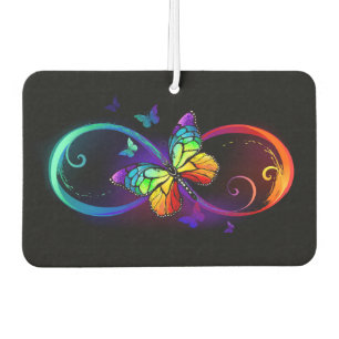 Vibrant infinity with rainbow butterfly on black car air freshener