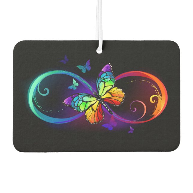 Vibrant infinity with rainbow butterfly on black car air freshener (Front)