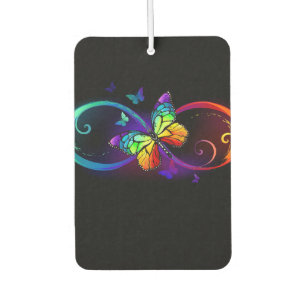 Vibrant infinity with rainbow butterfly on black car air freshener