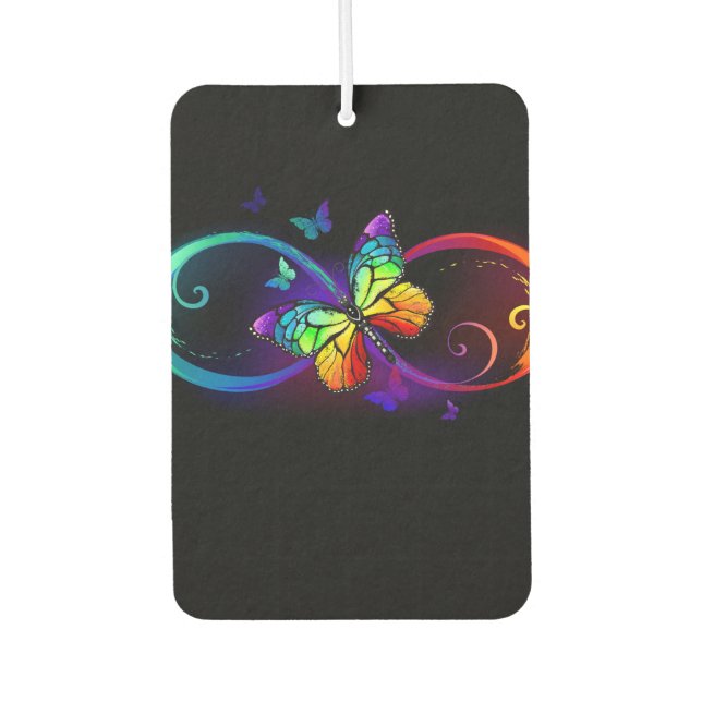 Vibrant infinity with rainbow butterfly on black car air freshener (Front)