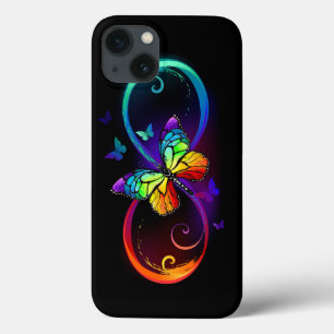 Vibrant infinity with rainbow butterfly on black iPhone 13 case