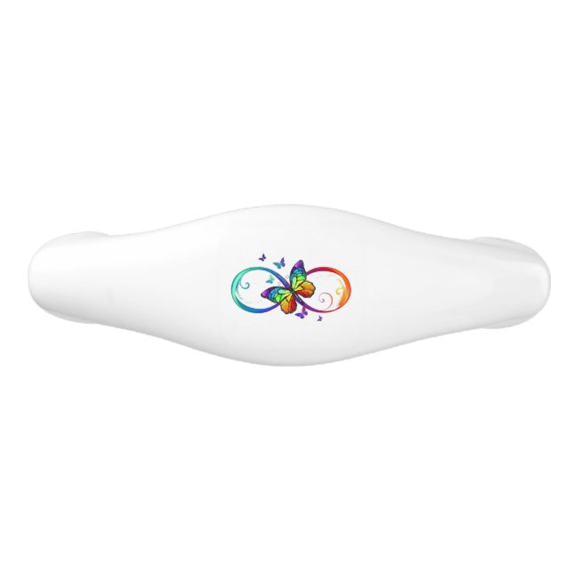Vibrant infinity with rainbow butterfly on black ceramic drawer pull (Front)