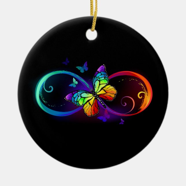 Vibrant infinity with rainbow butterfly on black ceramic ornament (Front)