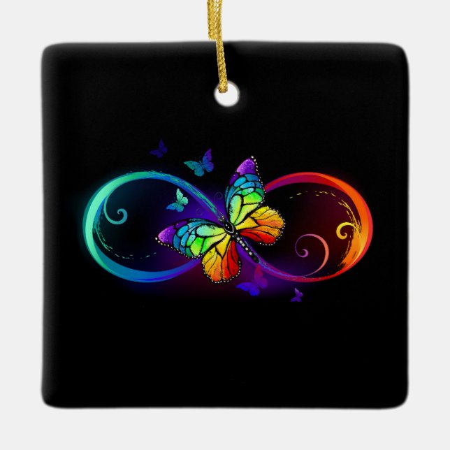 Vibrant infinity with rainbow butterfly on black ceramic ornament (Front)