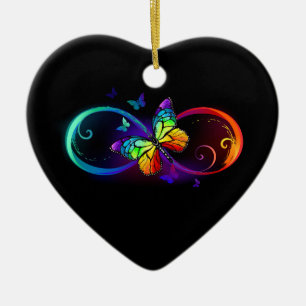 Vibrant infinity with rainbow butterfly on black ceramic ornament
