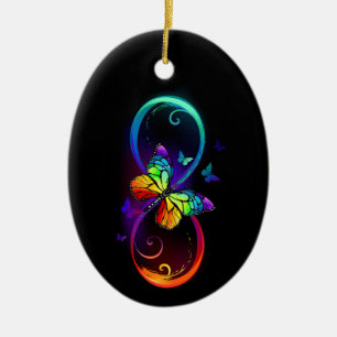 Vibrant infinity with rainbow butterfly on black ceramic ornament
