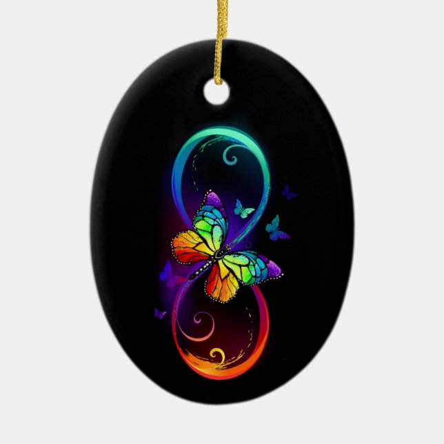 Vibrant infinity with rainbow butterfly on black ceramic ornament (Front)