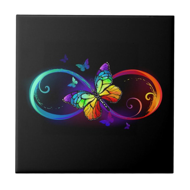 Vibrant infinity with rainbow butterfly on black ceramic tile (Front)