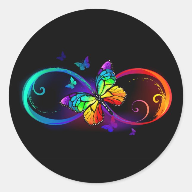 Vibrant infinity with rainbow butterfly on black classic round sticker (Front)