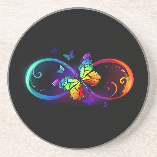 Vibrant infinity with rainbow butterfly on black coaster (Front)