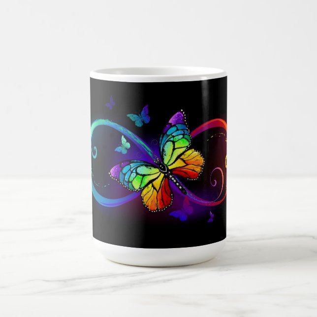 Vibrant infinity with rainbow butterfly on black  coffee mug (Center)