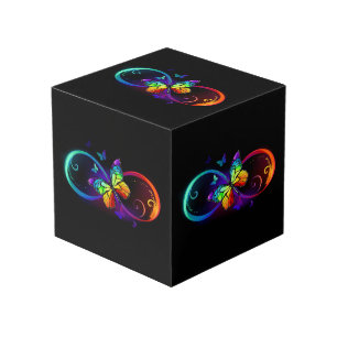 Vibrant infinity with rainbow butterfly on black cube