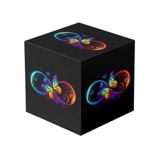 Vibrant infinity with rainbow butterfly on black cube (Front Angled)