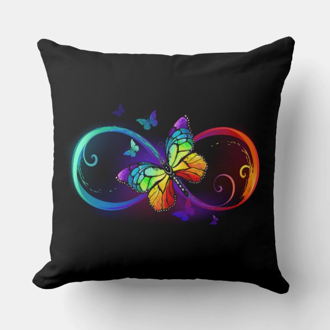 Vibrant infinity with rainbow butterfly on black cushion (Front)