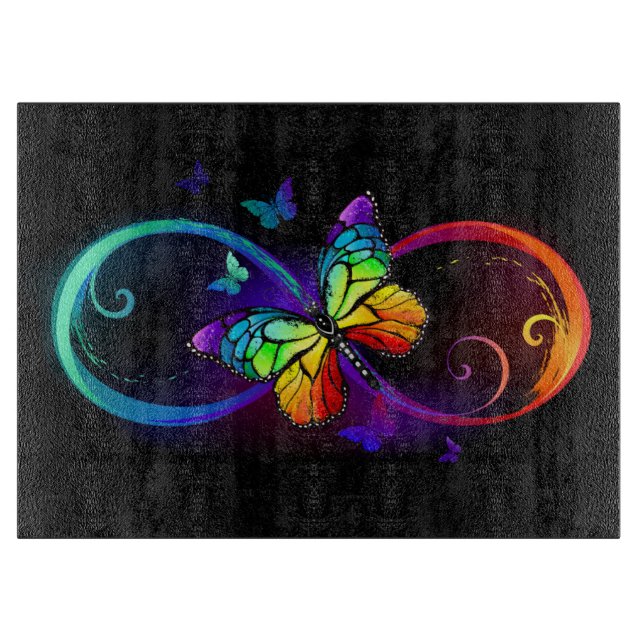 Vibrant infinity with rainbow butterfly on black cutting board (Front)