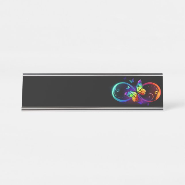 Vibrant infinity with rainbow butterfly on black desk name plate (Front)
