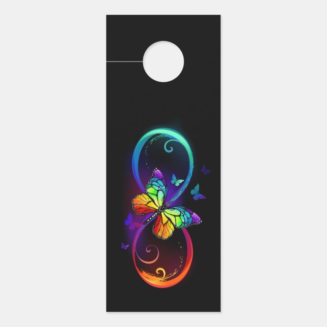 Vibrant infinity with rainbow butterfly on black door hanger (Front)
