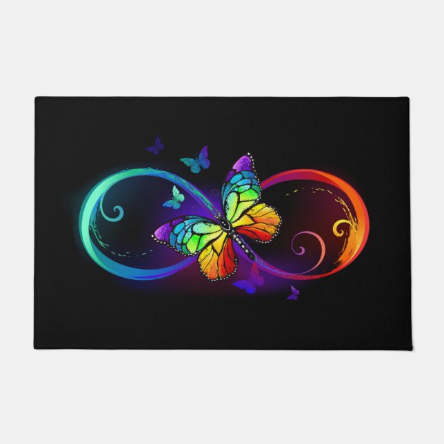 Vibrant infinity with rainbow butterfly on black doormat (Front)